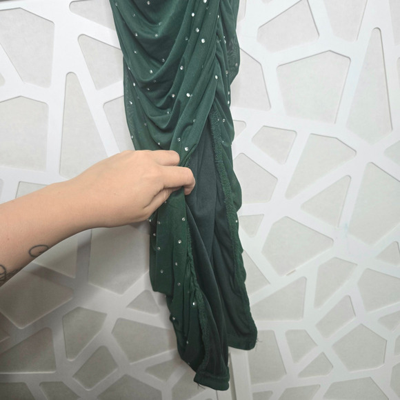 Green Ruched High Slit Rhinestone Midi Dress Size SM Formal Hoco Y2K Glam Party - Picture 4 of 8